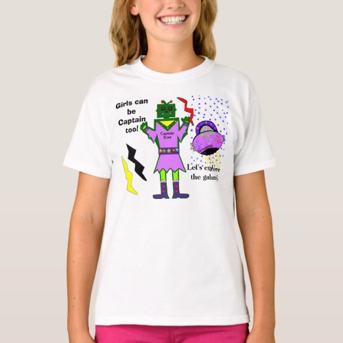 Captain Zoey Girls Can Be Captain Pink Spaceship T_Shirt