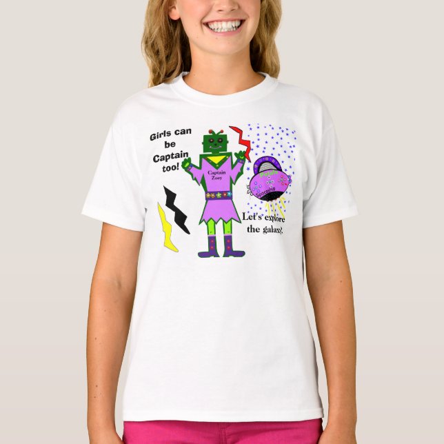 Captain Zoey Girls Can Be Captain Pink Spaceship T-Shirt (Front)