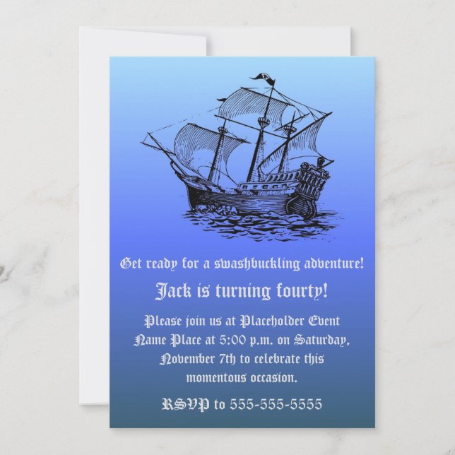 Captain's 40th Birthday Pirate Ship - Blue Sea Invitation (Front)