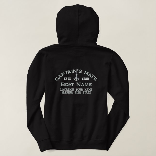Captain's Mate Silver Anchor Easily Personalized Embroidered Hoodie (Design Back)