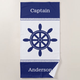 Captain's Wheel Nautical Rope Add Name Beach Towel