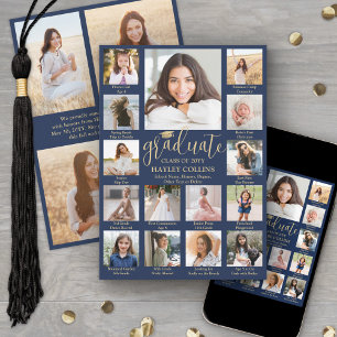 Captioned Photo Collage Navy Blue Gold Graduation Announcement