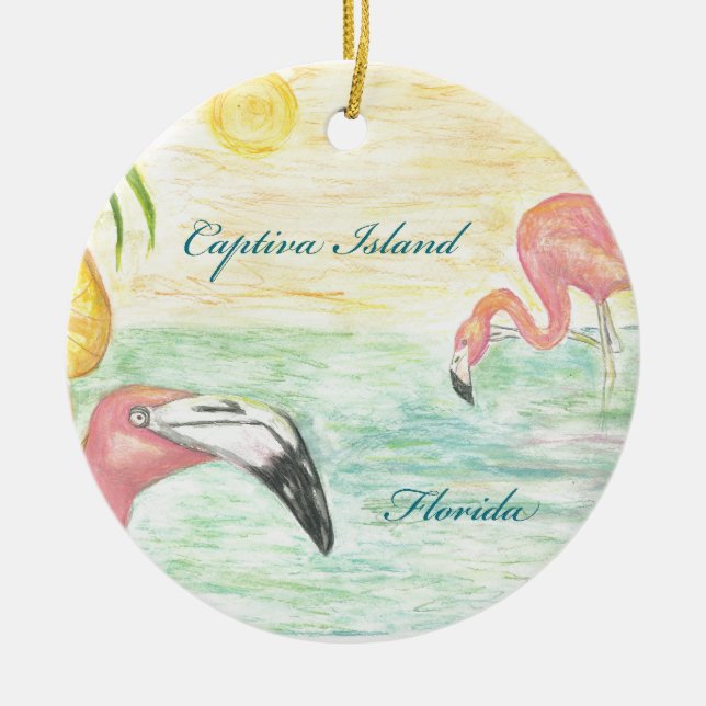 Captiva Island Flamingos Florida Art Ceramic Ornament (Front)