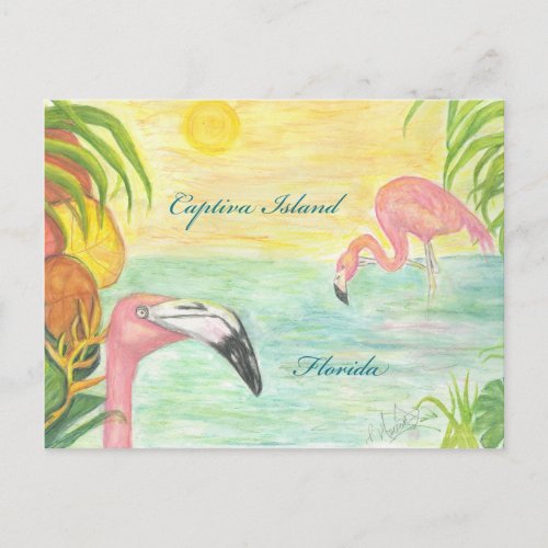 Captiva Island Flamingos Florida Art Postcard