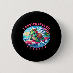 Captiva Island Florida Cute Surfing Girl Sea Turtl Button