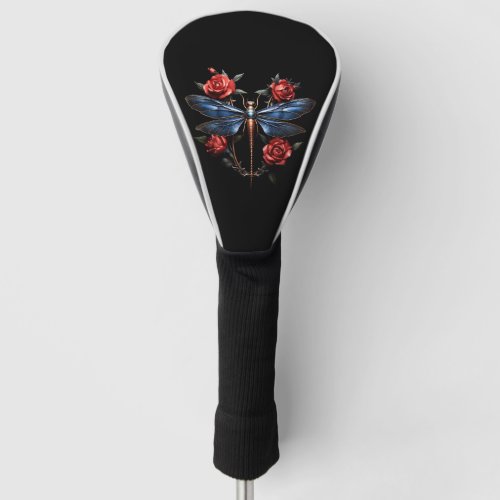 Captivating Art Metallic Dragonfly with Red Roses Golf Head Cover