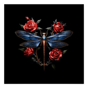 Captivating Art: Metallic Dragonfly with Red Roses Poster