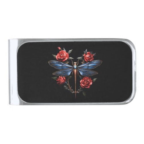 Captivating Art Metallic Dragonfly with Red Roses Silver Finish Money Clip