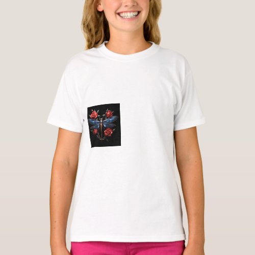 Captivating Art Metallic Dragonfly with Red Roses T_Shirt