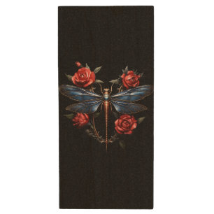 Captivating Art: Metallic Dragonfly with Red Roses Wood Flash Drive