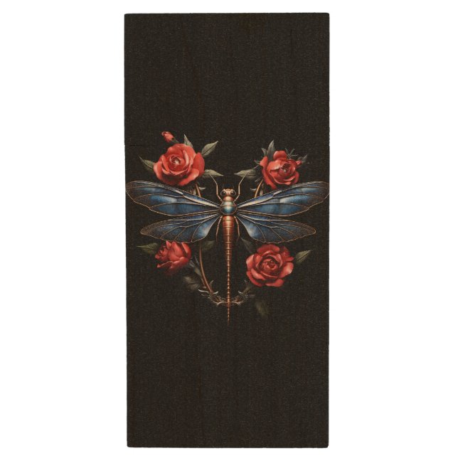 Captivating Art: Metallic Dragonfly with Red Roses Wood Flash Drive (Front Vertical)