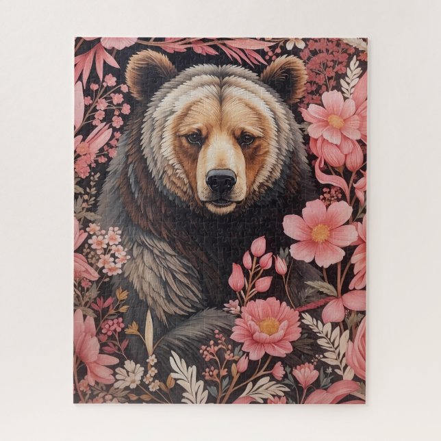 Captivating Brown Bear Gaze Pink Flowers Jigsaw Puzzle (Vertical)
