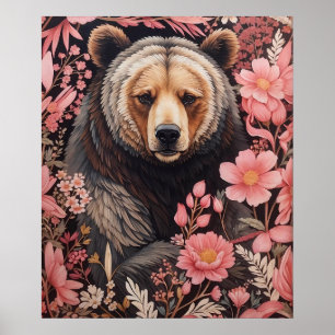 Captivating Brown Bear Gaze Pink Flowers Poster