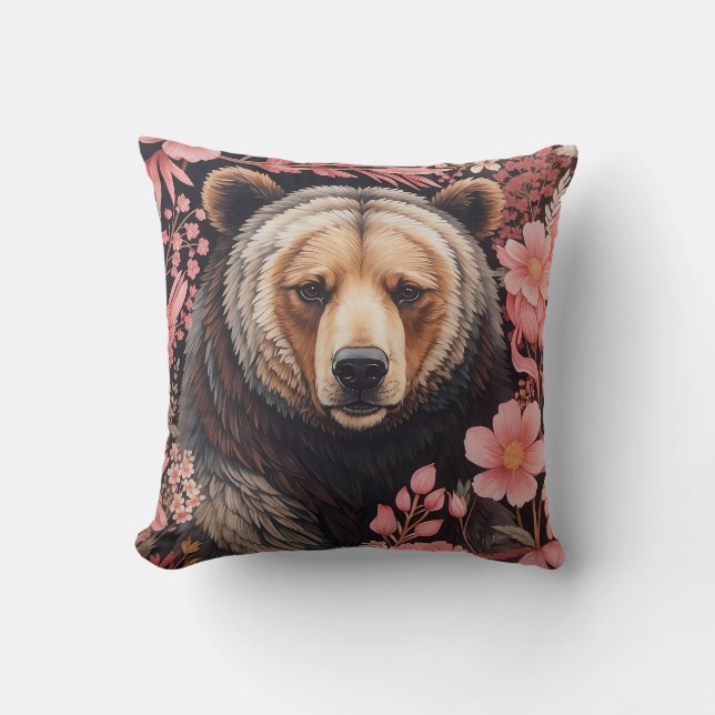 Captivating Brown Bear Gaze Pink Flowers Throw Pillow (Front)