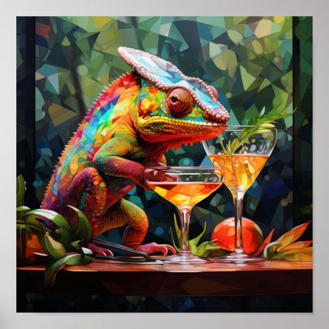 Captivating Chameleon Drink: Cubism 8K High Poster (Front)