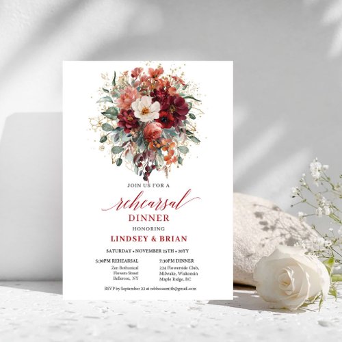 Captivating Deep Red Autumn Rehearsal Dinner  Invitation