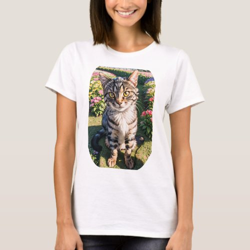 Captivating Lihua Cat Standing in Flower Field T_Shirt