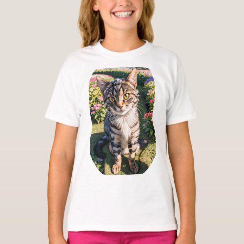 Captivating Lihua Cat Standing in Flower Field T_Shirt