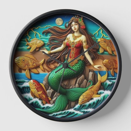 Captivating Mermaid Sitting on a Rock Under a Moon Clock