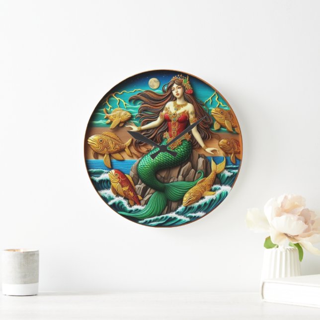 Captivating Mermaid Sitting on a Rock Under a Moon Large Clock (Home)