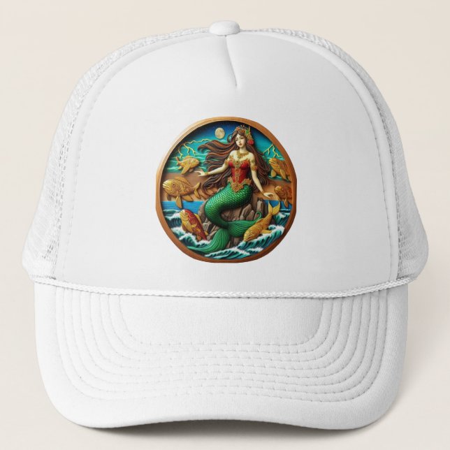 Captivating Mermaid Sitting on a Rock Under a Moon Trucker Hat (Front)