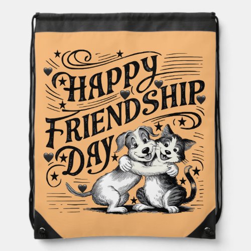 Captivating Monochrome Dog and Cat Friendship Art Drawstring Bag