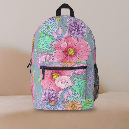 Captivating Watercolor Blossoms Leaves and Name Printed Backpack
