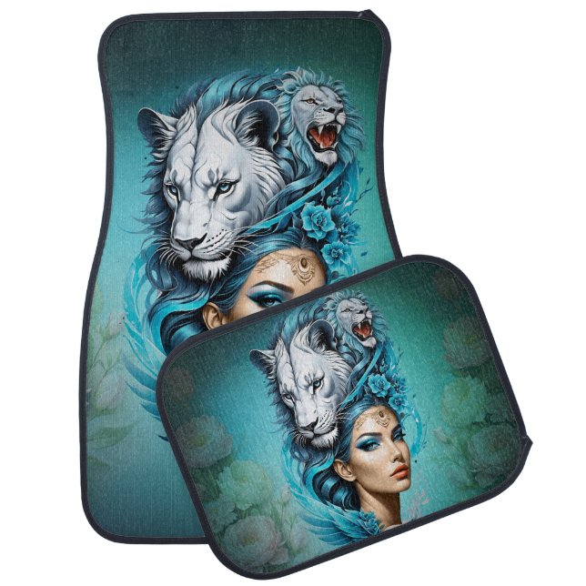 Captivating woman with a majestic lion's head,  car floor mat (Set)