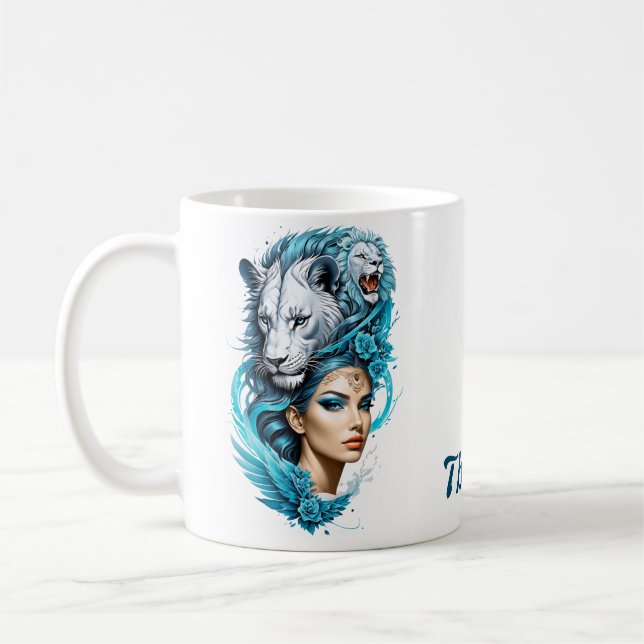 Captivating woman with a majestic lion's head,  coffee mug (Left)