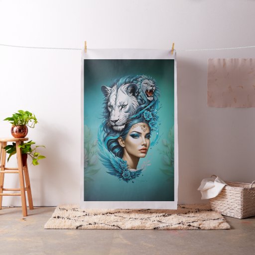 Captivating woman with a majestic lion's head, fabric