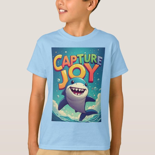 Capture Joy: Playful Cartoon Shark T-Shirt (Front)