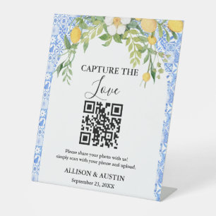 Capture love QR code Blue tile and Lemon wedding Pedestal Sign