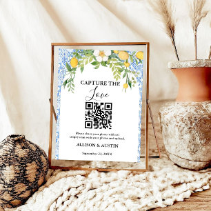 Capture love QR code Blue tile and Lemon wedding Poster