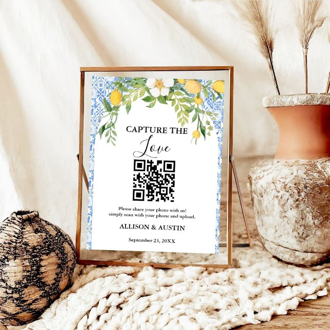 Capture love QR code Blue tile and Lemon wedding Poster (Creator Uploaded)