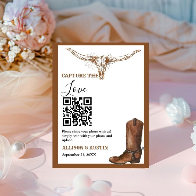 Capture love QR code Western cowboy boots wedding Pedestal Sign (Creator Uploaded)