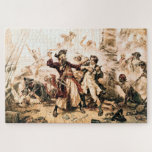 Capture, Pirate Blackbeard, Queen Anne's Revenge Jigsaw Puzzle<br><div class="desc">The salty spray stung Edward Teach's eyes as dawn bled crimson across the Carolina coast. Gone was the fearsome Queen Anne's Revenge, his pride and possession. Now, Blackbeard, as he was known throughout the Caribbean, captained the lowly Adventure, a leaky scow compared to his former glory. Discontent simmered amongst his...</div>