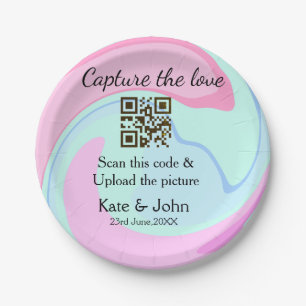 Capture the love add QR scan marble pink blue mix Paper Plates