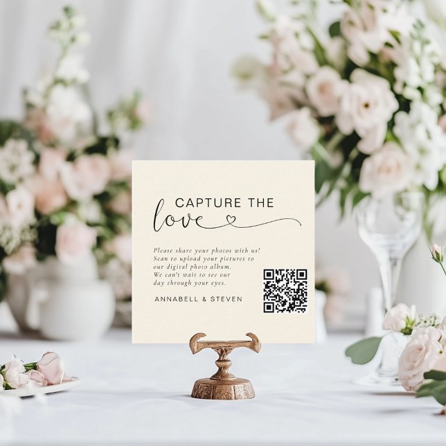 Capture the love! Custom QR-Code Wedding Enclosure Card (Capture the love! Photo, QR-Code, Wedding Table Card, Beige.)
