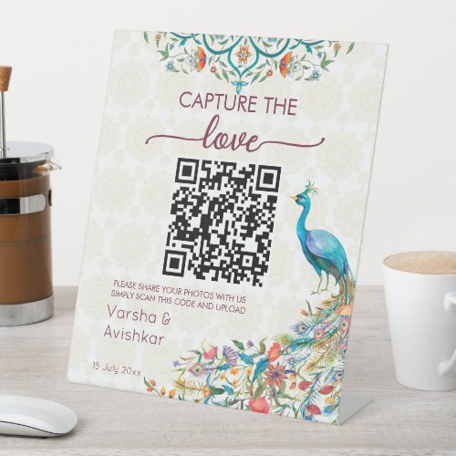 Capture the love photo sharing qr peacock  pedestal sign