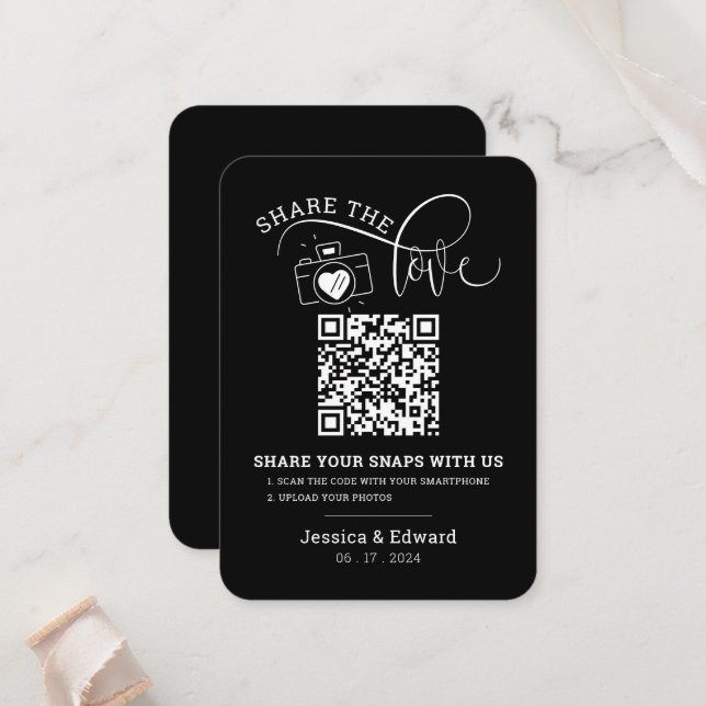 Capture The Love Qr Code Black Chic Modern Wedding Place Card (Front/Back In Situ)