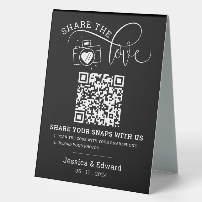 Capture The Love Qr Code Black Chic Modern Wedding Table Tent (Front)