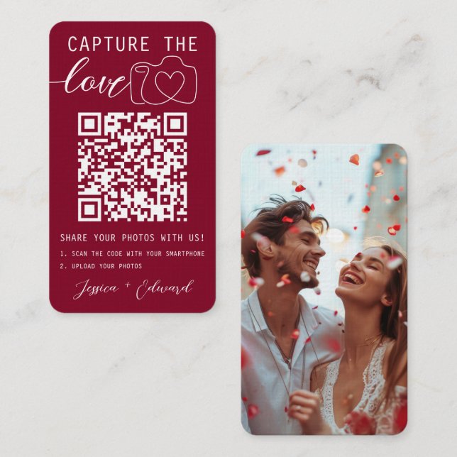Capture The Love Qr Code Photo Burgundy Wedding Place Card (Front/Back)