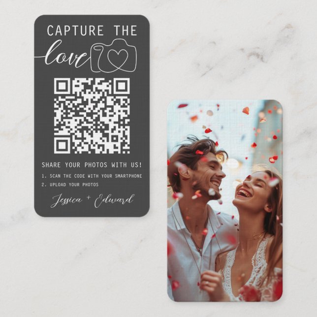 Capture The Love Qr Code Photo Gray White Wedding Place Card (Front/Back)