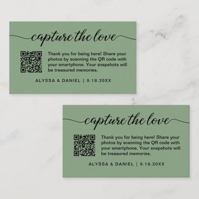 Capture the love QR code wedding photo share green Enclosure Card (Front/Back)
