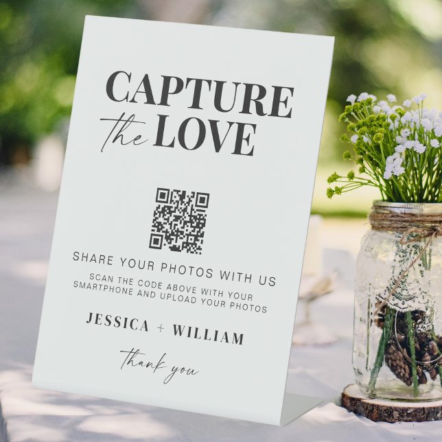 Capture the love QR code wedding photo sharing Pedestal Sign (Creator Uploaded)
