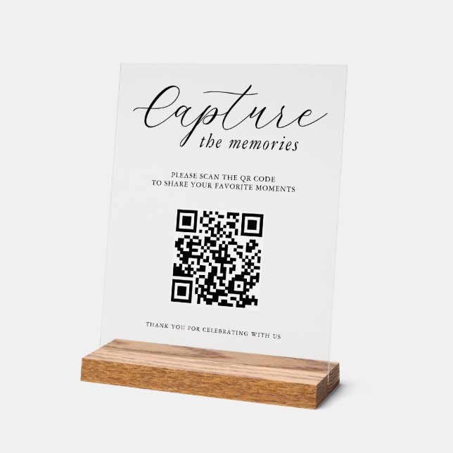 Capture The Memories Wedding Photo QR Code Acrylic Sign (Angle)