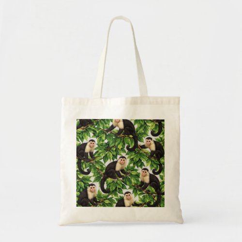 Capuchin Monkeys in Tropical Leaves Jungle Pattern Tote Bag