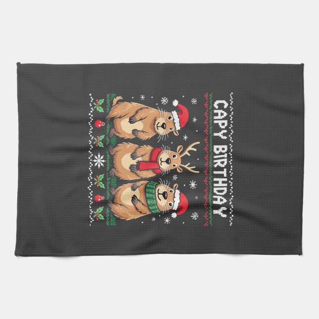 Capy Birthday Ugly Christmas Sweater Capybara   Kitchen Towel (Horizontal)