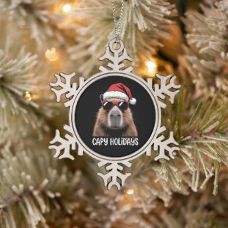 Capy Holidays Christmas Capybara Xmas Santa Hat Snowflake Pewter Christmas Ornament