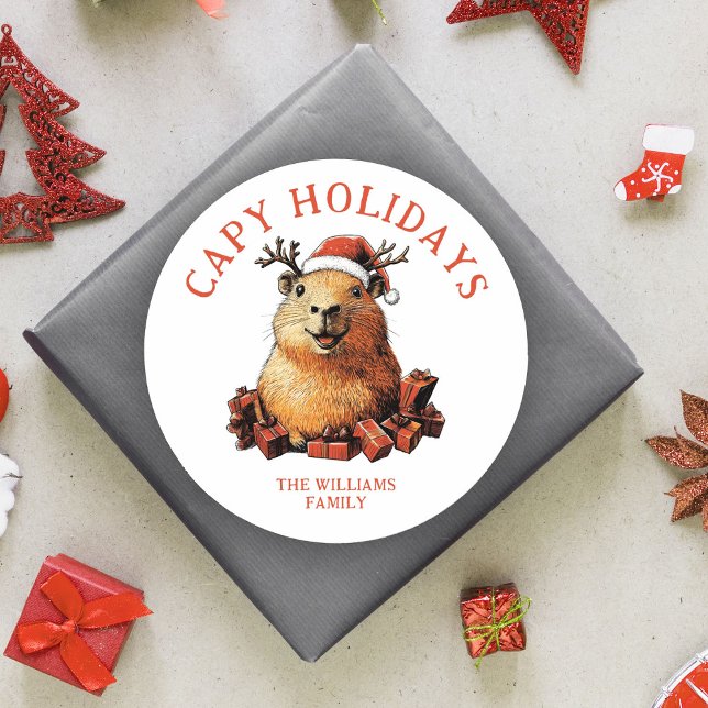 Capy Holidays Cute Fun Capybara Merry Christmas  Classic Round Sticker (Creator Uploaded)